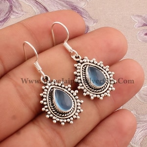 Blue Chalcedony Sterling Silver Earrings: Pear Cabochon Boho Jewelry