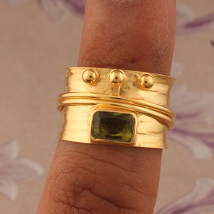 Natural Peridot Gold Plated Spinner - 22K Gold plated Spinner Rings - Anniversary Gift Item Gold Ring - Cut Peridot Spinner- Gold Band Rings