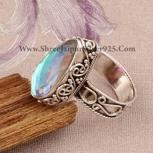 Handmade 925 Sterling Silver Rainbow Quartz Ring: Engraved Gemstone