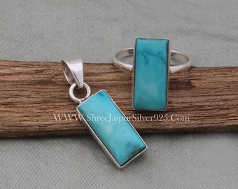Tibetan Turquoise Sterling Silver Jewelry Set: Handmade Gemstone Ring & Pendant
