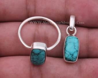 Tibetan Turquoise Sterling Silver Jewelry Set: Ring & Pendant