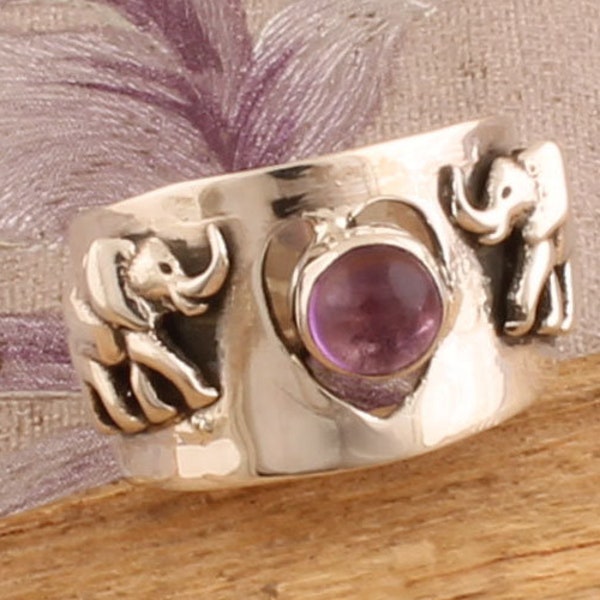 Amethyst Rings - Elephant Rings - Heart Ring - Sterling Solid Silver Ring - Christmas Gift Ring - Natural Amethyst Semi Precious Stone Ring