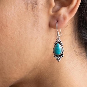 Kingman Pear Tibetan Turquoise Cabochon Dangle Earrings Sterling Boho Southwestern Jewelry