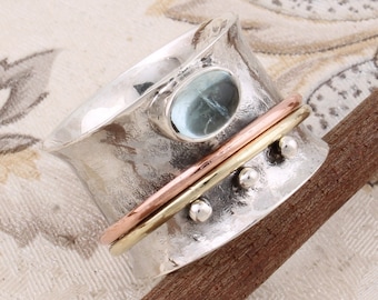 Aquamarine Gemstone Ring Cut Stone Boho Ring Spinner Ring ( Meditation Ring ) Thumb Ring Gift For You (284005) Birthstone