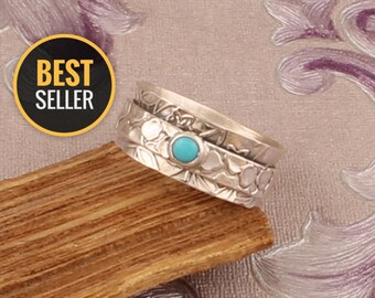 Green Turquoise Spinner Ring~Spinning~Spin~Meditation~Yoga~Anxiety~Anti Stress~Large Band~Sterling Silver 925~Mix Metals~Copper~Bronze~MS002