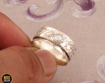 925 Sterling Silver Handmade Ring Worry Ring Spinner Ring Women Ring Gift For Her Pearl Ring Promised Ring Meditation Ring