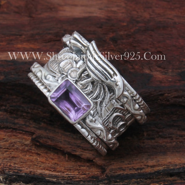 Silver Bird's Natural Amethyst Solid 925 Sterling Silver Spinner Women Ring, Handmade Silver Amethyst Ring February Birthstone Spinning Ring