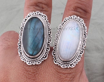 Handmade Moonstone & Labradorite 925 Sterling Silver Ring  Style