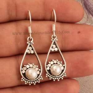 Teardrop Pearl Earrings: 925 Sterling Silver Gemstone