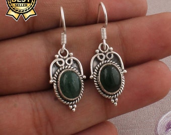 Amazing Green Jade AAA+Quality Gemstone Earring,Oval Cabochon Stone Earring 925-Sterling Silver Earring,Antique Silver Earring Gift For Her