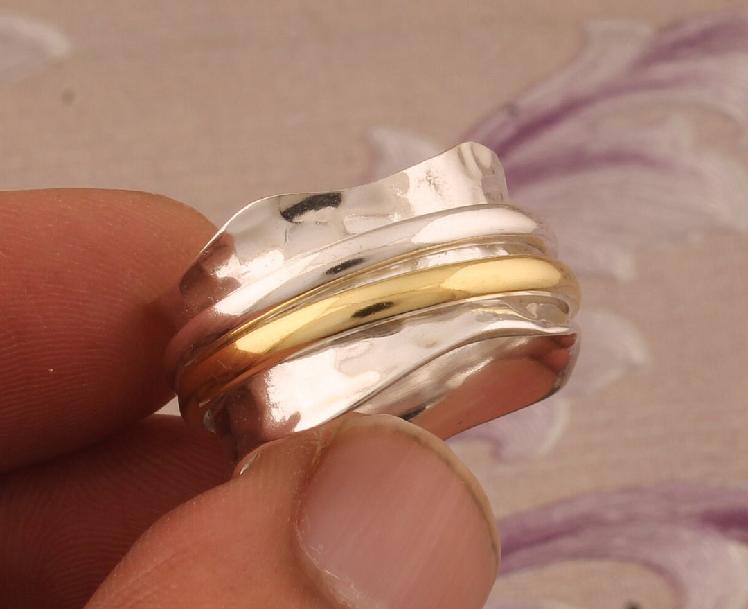 Two-tone Sterling Silver Spinner Ring: Gold Plated Bohemian Wave Design ...