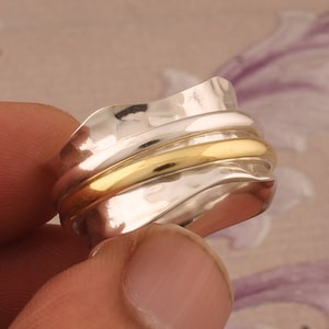 Two Tone Spinner Ring, Solid 925 Sterling Silver Ring For Gift Idea A unique and stylish silver ring wave design gold-plated bohemian Ring