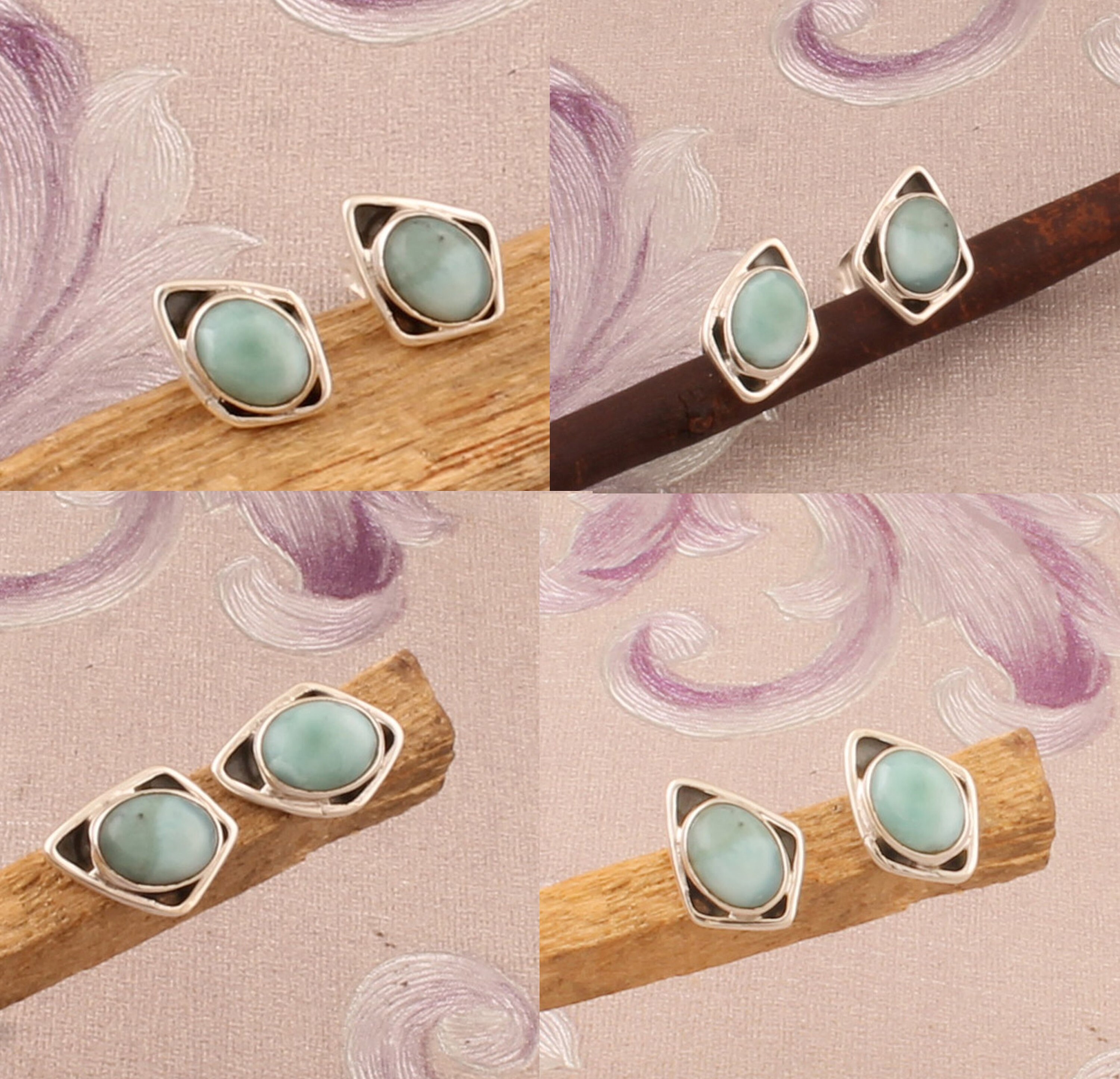 Orecchini a bottone rotondi in argento sterling 925 con larimar