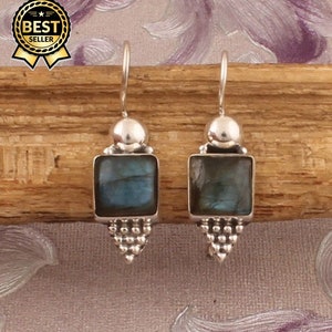 Sterling Silver Labradorite Earrings: Square Gemstone Dotted Design