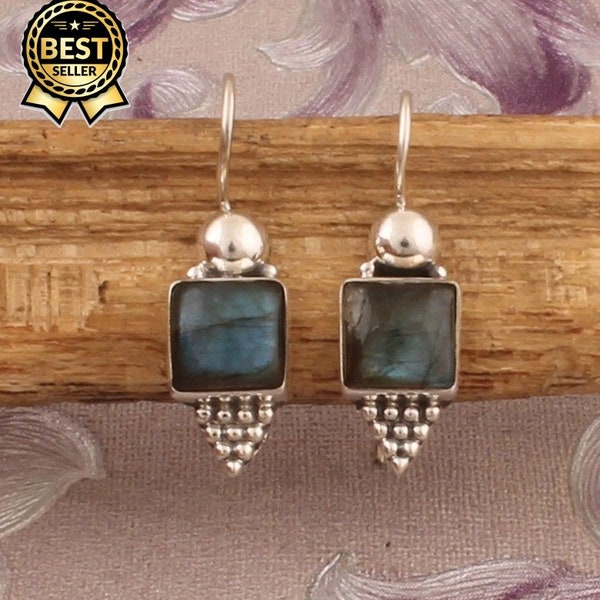 Sterling Silver Labradorite Earrings: Square Gemstone Dotted Design