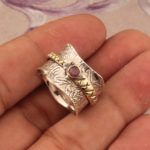 Handmade Ruby Gemstone Spinner Ring: 925 Sterling Silver Band
