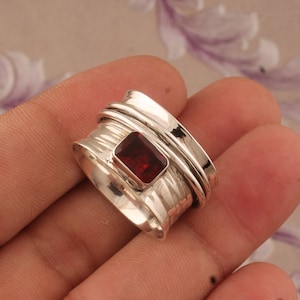 Red Garnet Spinner Ring: 925 Sterling Silver Handmade Boho Jewelry
