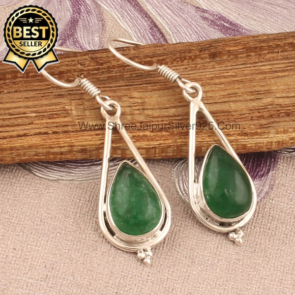 Jade Pear Stone Solid 925 Sterling Silver Earrings For Women, Handmade Designer Silver Earrings For Wedding Anniversary Gift For Her