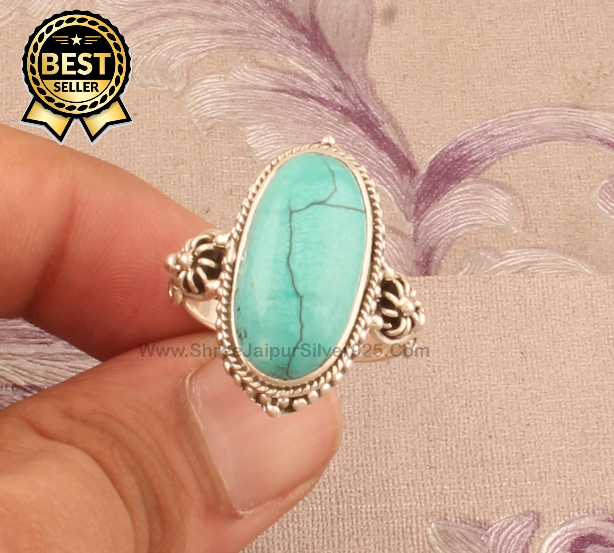 LadayPoa Charming Blue Synthetic-Turquoise Tibet Silver Plated Shion Ring Size 