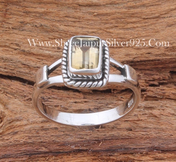 Delicate Rectangle Shape Citrine Stone Sterling Silver Ring, r520