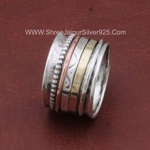 Boho Hammered Sterling Silver Spinner Ring: Three Tone Meditation Band
