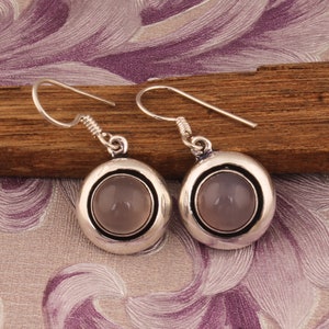 Rose Quartz Sterling Silver Earrings: Round Cabochon Boho Jewelry