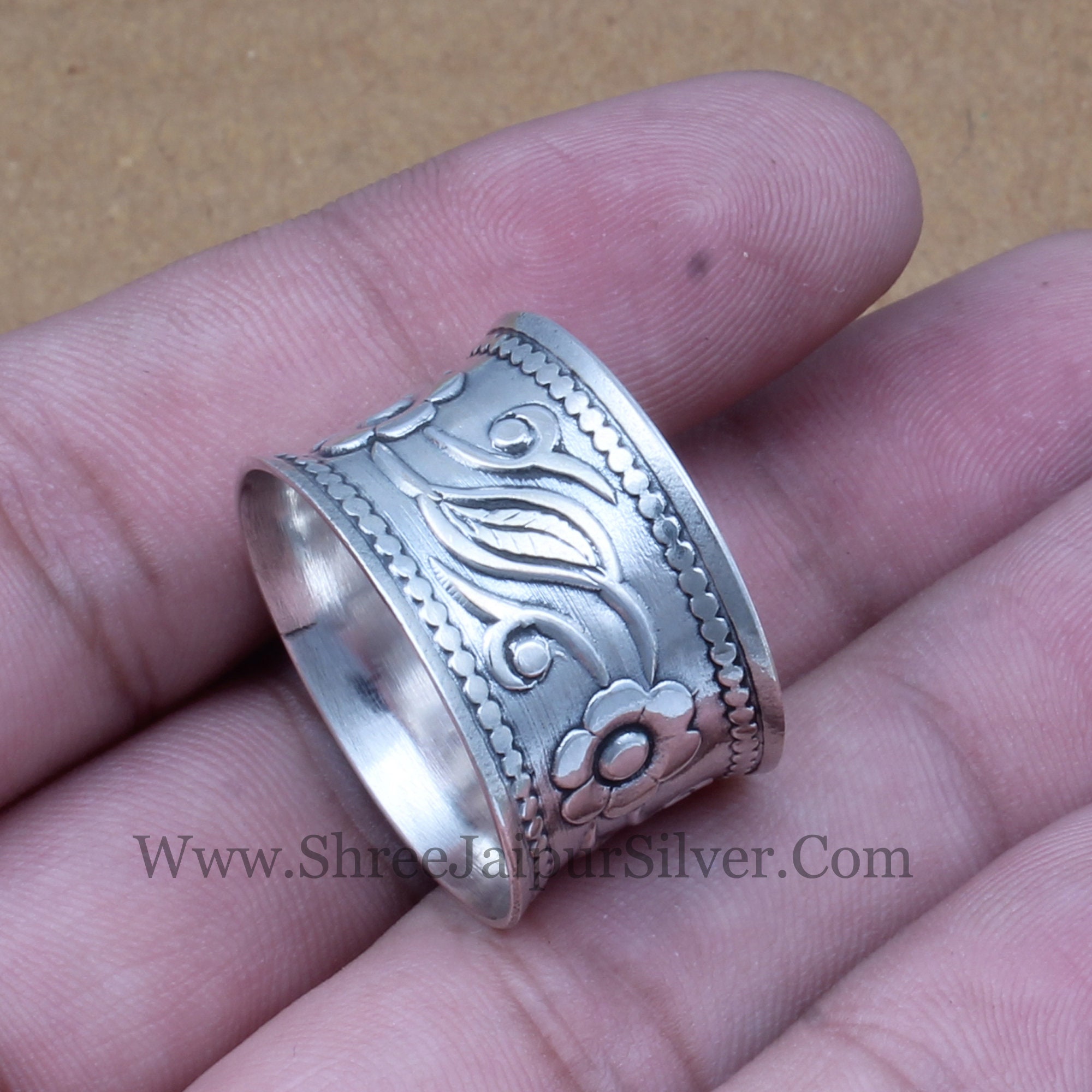 Sterling Silver Engraved Flower Band Ring: Handmade Vine Thumb Ring - Etsy