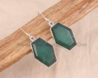 Emerald Hexagon Sterling Silver Dangle Earrings, Handmade Jewelry