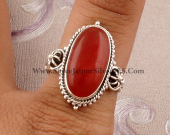 Red Jade Sterling Silver Ring, Oval Gemstone, Boho Handmade Ring