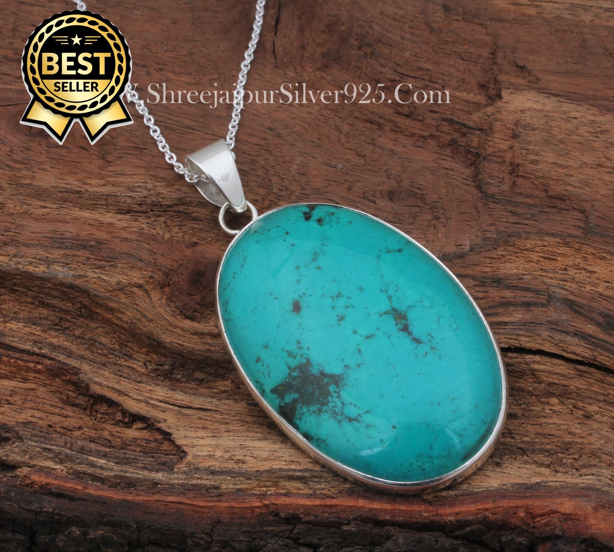Tibetan Turquoise Sterling Silver Pendant Necklace: Handmade Oval