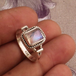 Rainbow Moonstone Silver Ring, 925 Sterling Silver Rectangle Shape Gemstone Ring, Designer Handcrafted Ring, Engagement Ring, Gift Idea