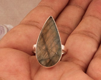 Natural Labradorite Ring: Teardrop Gemstone, 925 Sterling Silver