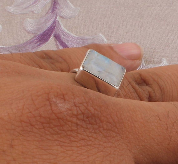 Square Rainbow Moonstone Ring: 925 Sterling Silver Index Finger