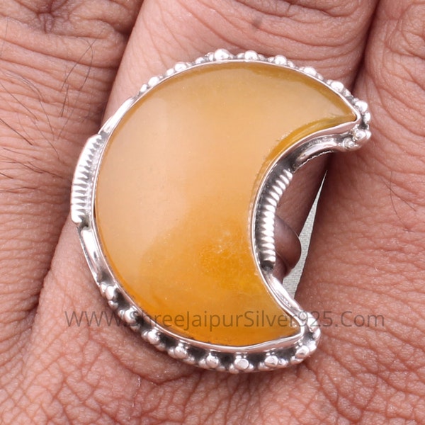 Large Yellow Jade Solid 925 Sterling Silver Ring For Women, Handmade Crescent Moon Gemstone Band Ring For Wedding Anniversary Gift For Women