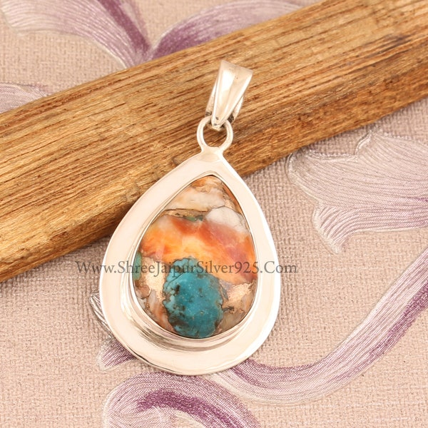 Oyster Copper Turquoise Solid 925 Sterling Silver Necklace Pendant For Women, Handmade Pear Stone Pendant For Wedding Anniversary Gift Idea