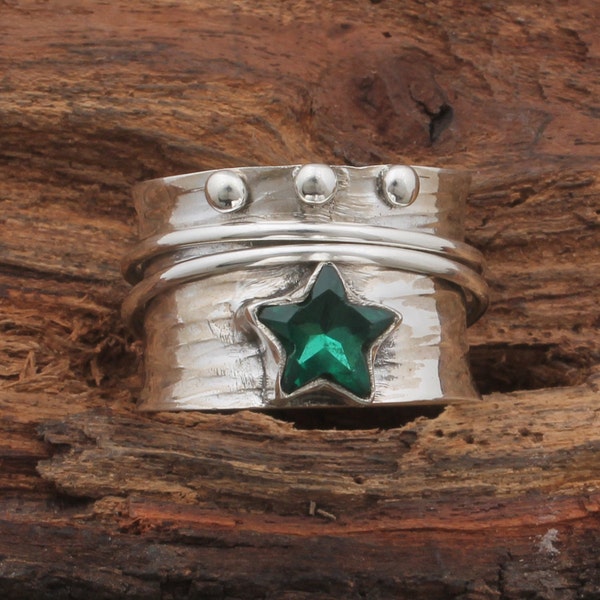 Emerald Star Spinner Ring 925 Sterling Silver Ring Handmade Ring Star Cut Ring Green Stone Spinner Women Ring