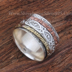 Spinner Solid 925 Sterling Silver Band Spinner Ring For Women, Handmade Three Tone Fidget  Ring Gifts For Her Birthday