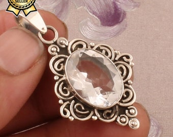 Crystal Quartz Pendant, 925 Sterling Silver Oval Shape Gemstone Pendant, Designer Spiral Silver Pendant, Handcrafted Pendant, Christmas Gift