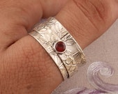 Red Garnet Solid 925 Sterling Silver Spinner Ring For Women, Handmade Silver Carved Band Meditation Ring For Wedding Anniversary Gift Idea