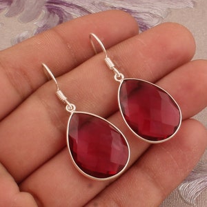 Sterling Silver Rubellite Quartz Earrings: Handmade Pear Bezel Set