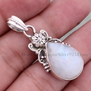 Solid 925 Sterling Silver Natural Rainbow Moonstone Necklace Pendant For Women, Handmade Moonstone Pear Pendant Gifts For Her Anniversary