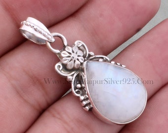 Solid 925 Sterling Silver Natural Rainbow Moonstone Necklace Pendant For Women, Handmade Moonstone Pear Pendant Gifts For Her Anniversary
