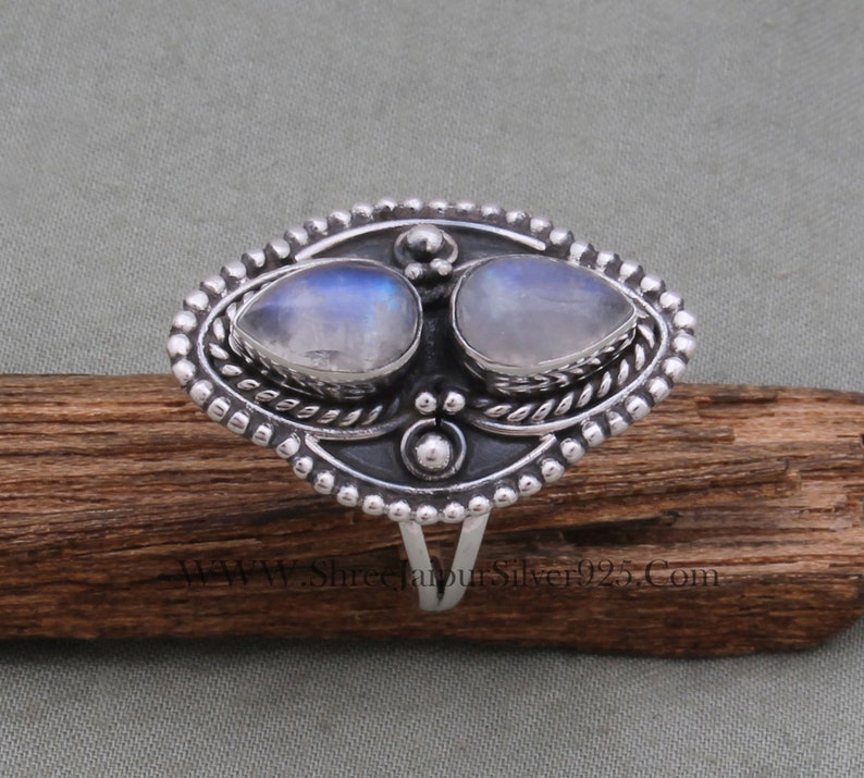 Natural Rainbow Moonstone AAAQuality Gemstone Ring,Two Pear Stone Ring,925-Antique Silver Ring,Middle Finger Ring, Silver Beautiful Ring image 7