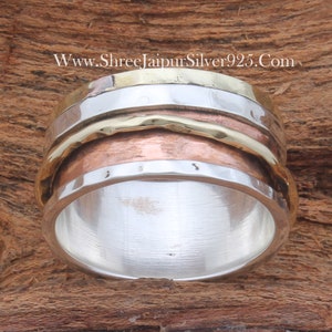 925-Sterling Silver Ring,Spinner Ring Three Tone Ring Brass+Copper+Silver Ring Hot Selling Ring Gift Item Ring Spinner Meditation Ring