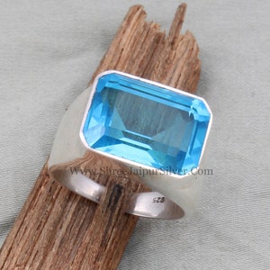Swiss Blue Topaz Quartz Solid 925 Sterling Silver Ring For Men, Handmade  Emerald Cut Stone Ring Gifts For Him Wedding Anniversary