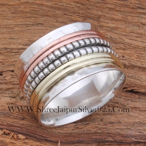 Hammered Sterling Silver Spinner Ring: Three Tone Handmade Band