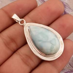 925 Sterling Silver Natural Larimar Necklace Pendant, Boho Larimar Pear Gemstone Silver Pendant, Valentine's Day Gift Idea, Etsy Cyber 2021