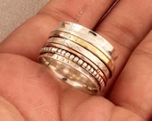 Hammered 925 Sterling Silver Designer Spinner Ring For Women, Handmade Three. Tone Meditation Ring For Her, Silver Anxiety Bridesmaid Ring
