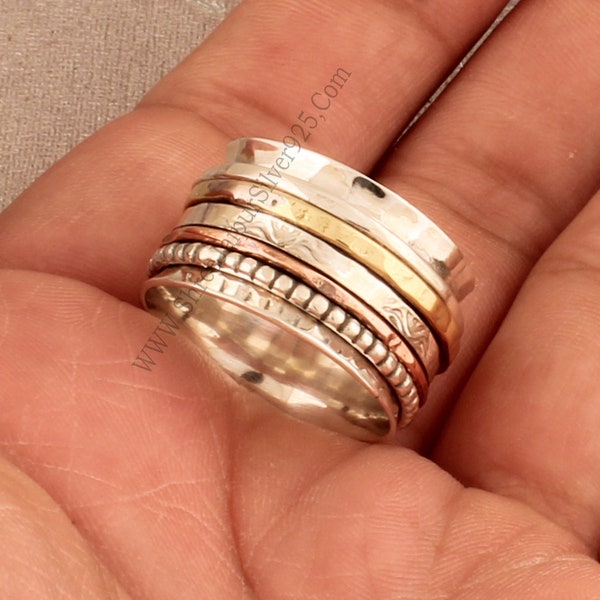 Hammered Sterling Silver Spinner Ring: Three-Tone 925 Silver Band