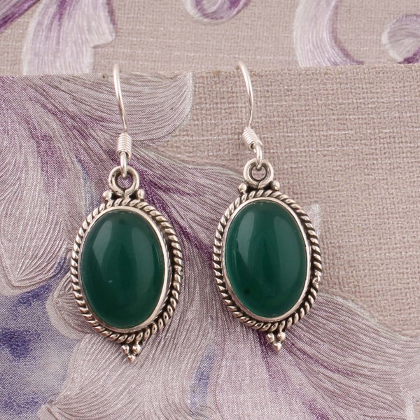 Amazing Green Onyx Top Quality Gemstone Earring,925-Sterling Silver Earring,Wedding Earring,Antique Silver Earring,Anniversary Gift Earring